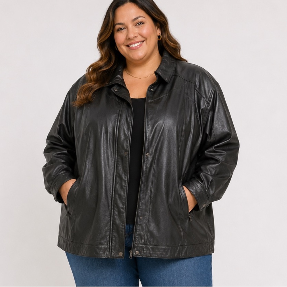 Liz Baker Black genuine Leather Zip-Front Jacket 20W‎